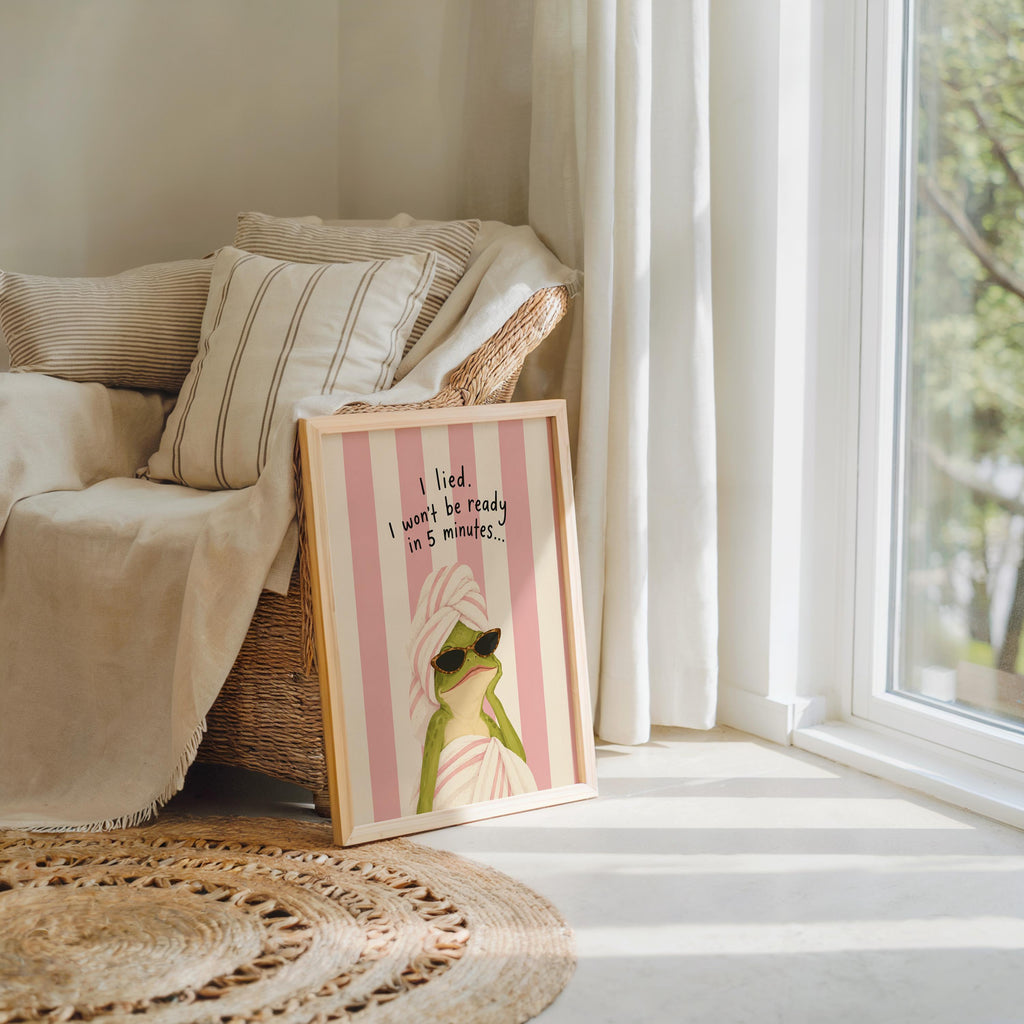 Funny Frog Bathroom Poster, I Lied I Won’t Be Ready in 5 Minutes, Teen Girl Wall Art, Girly Quote Print, Quirky Powder Room Restroom Decor