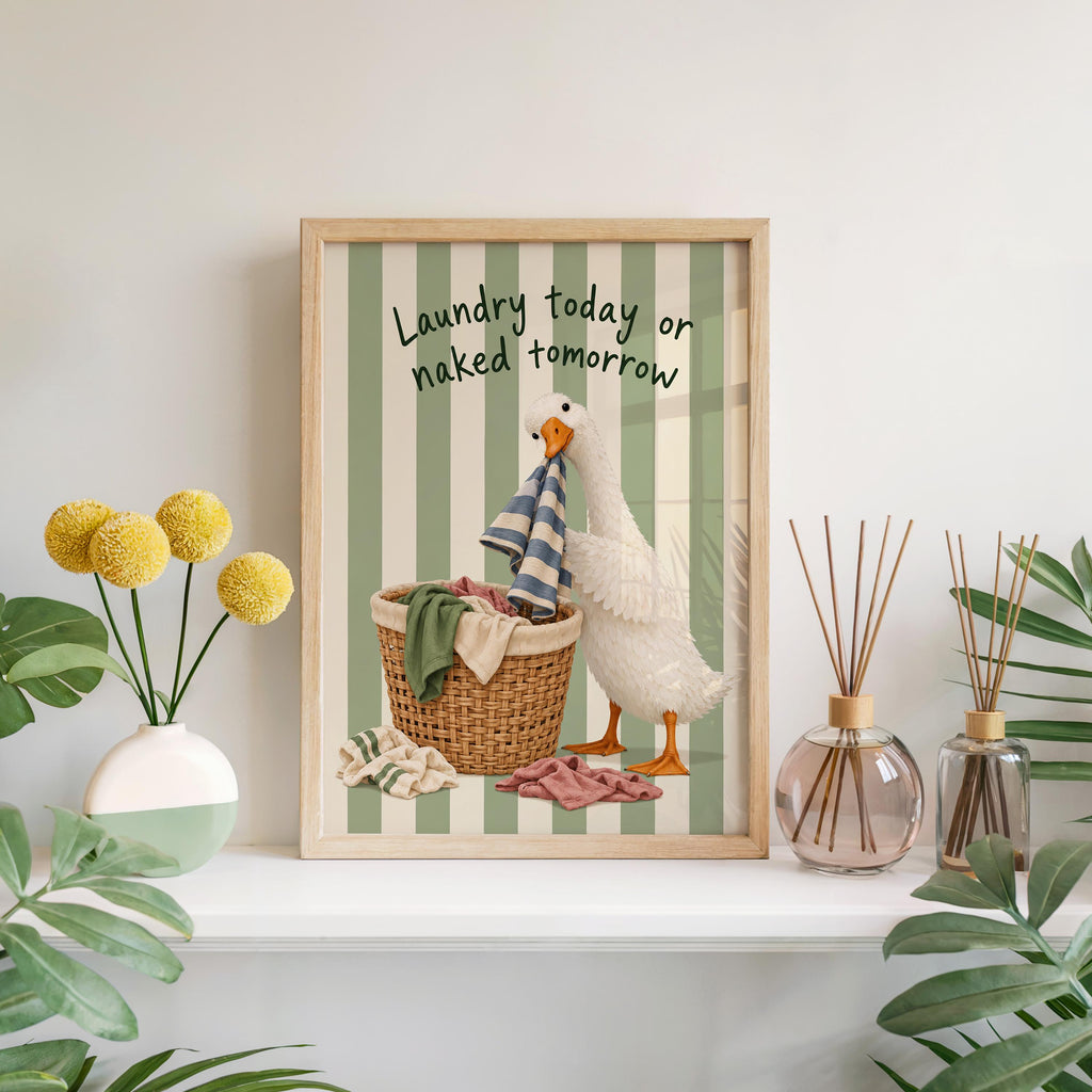 Silly Goose 'Laundry Today or Naked Tomorrow' Print, Funny Laundry Room Wall Art, Retro Quote Poster, Quirky Duck Bathroom Decor