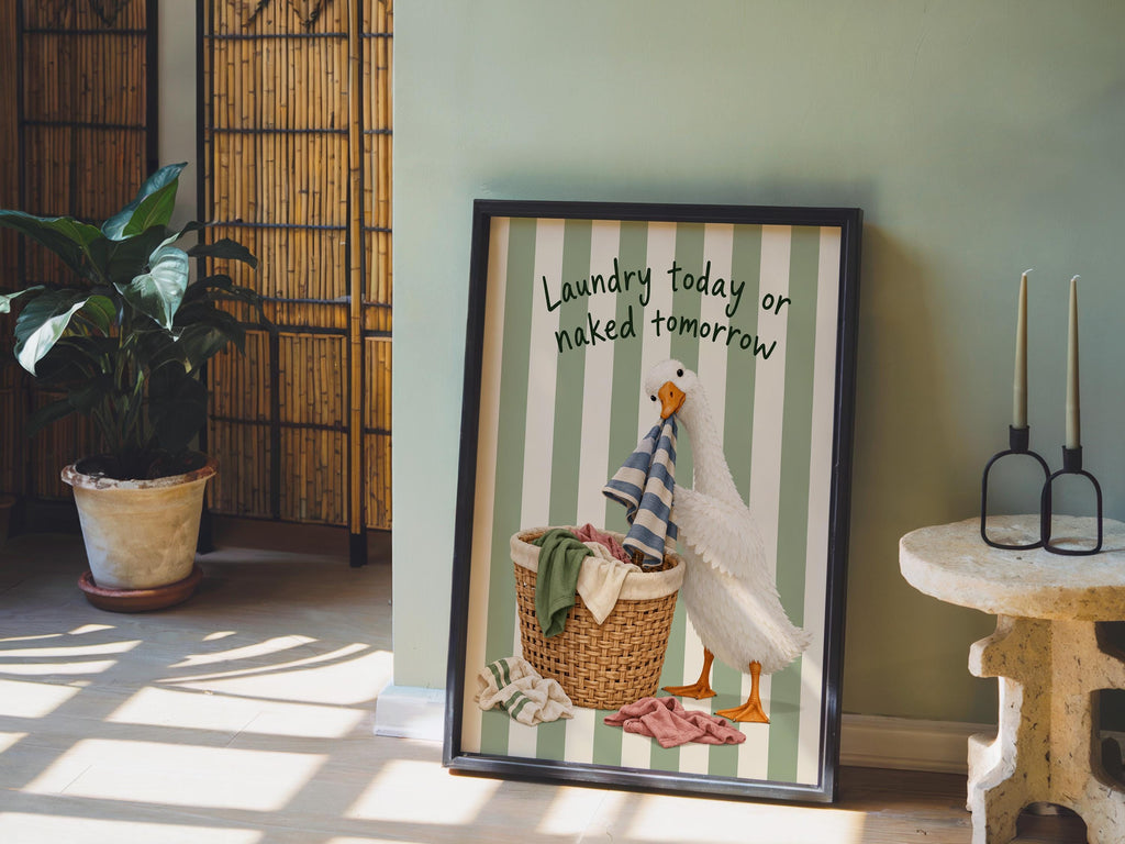 Silly Goose 'Laundry Today or Naked Tomorrow' Print, Funny Laundry Room Wall Art, Retro Quote Poster, Quirky Duck Bathroom Decor