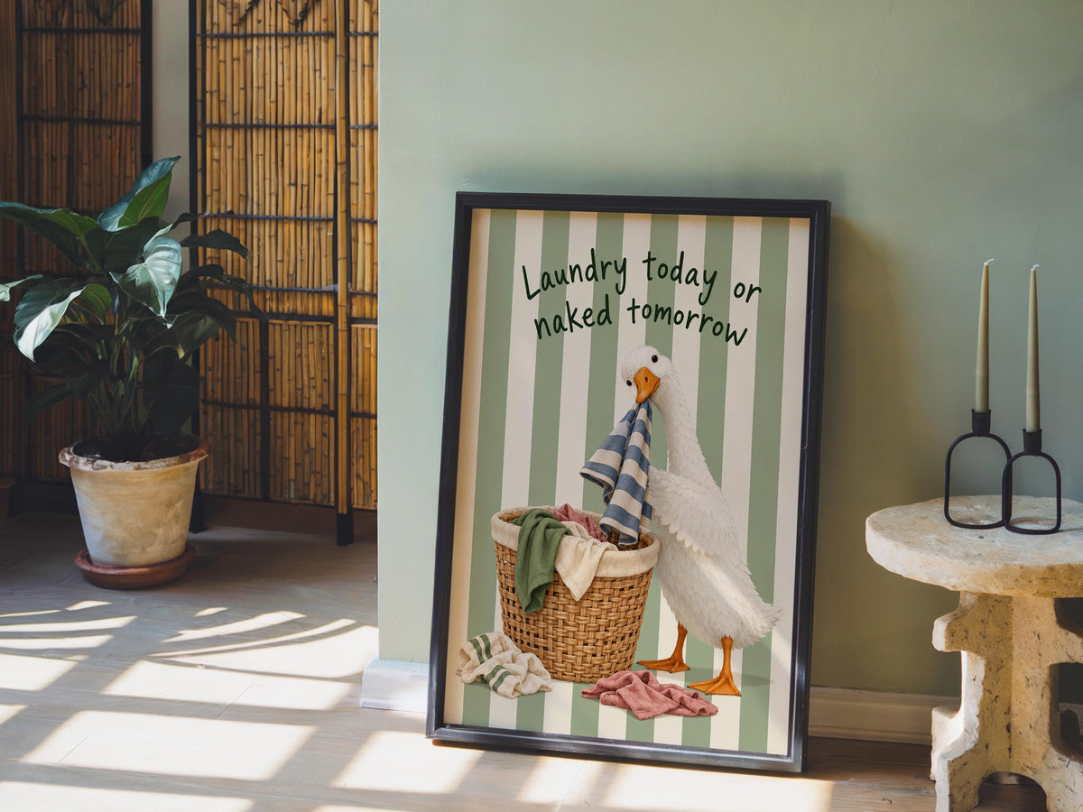 Silly Goose 'Laundry Today or Naked Tomorrow' Print, Funny Laundry Room Wall Art, Retro Quote Poster, Quirky Duck Bathroom Decor