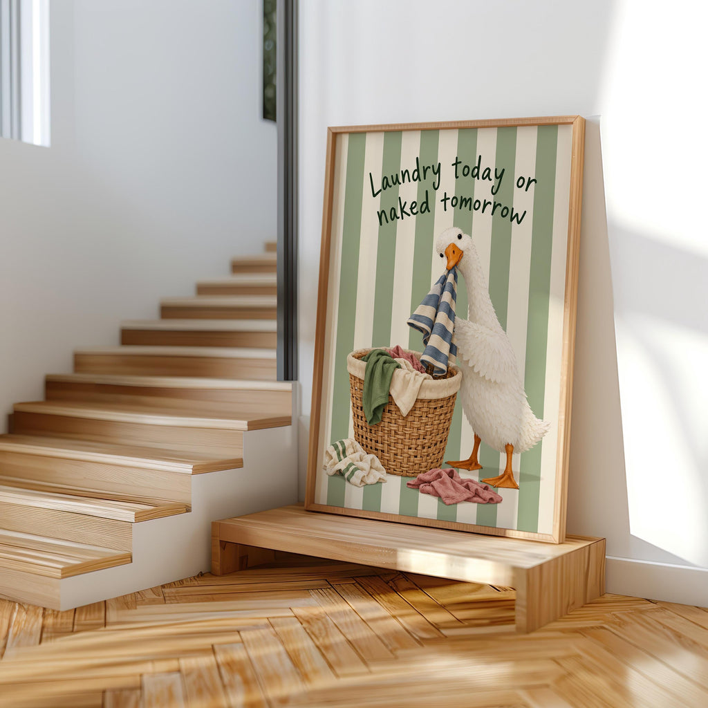 Silly Goose 'Laundry Today or Naked Tomorrow' Print, Funny Laundry Room Wall Art, Retro Quote Poster, Quirky Duck Bathroom Decor