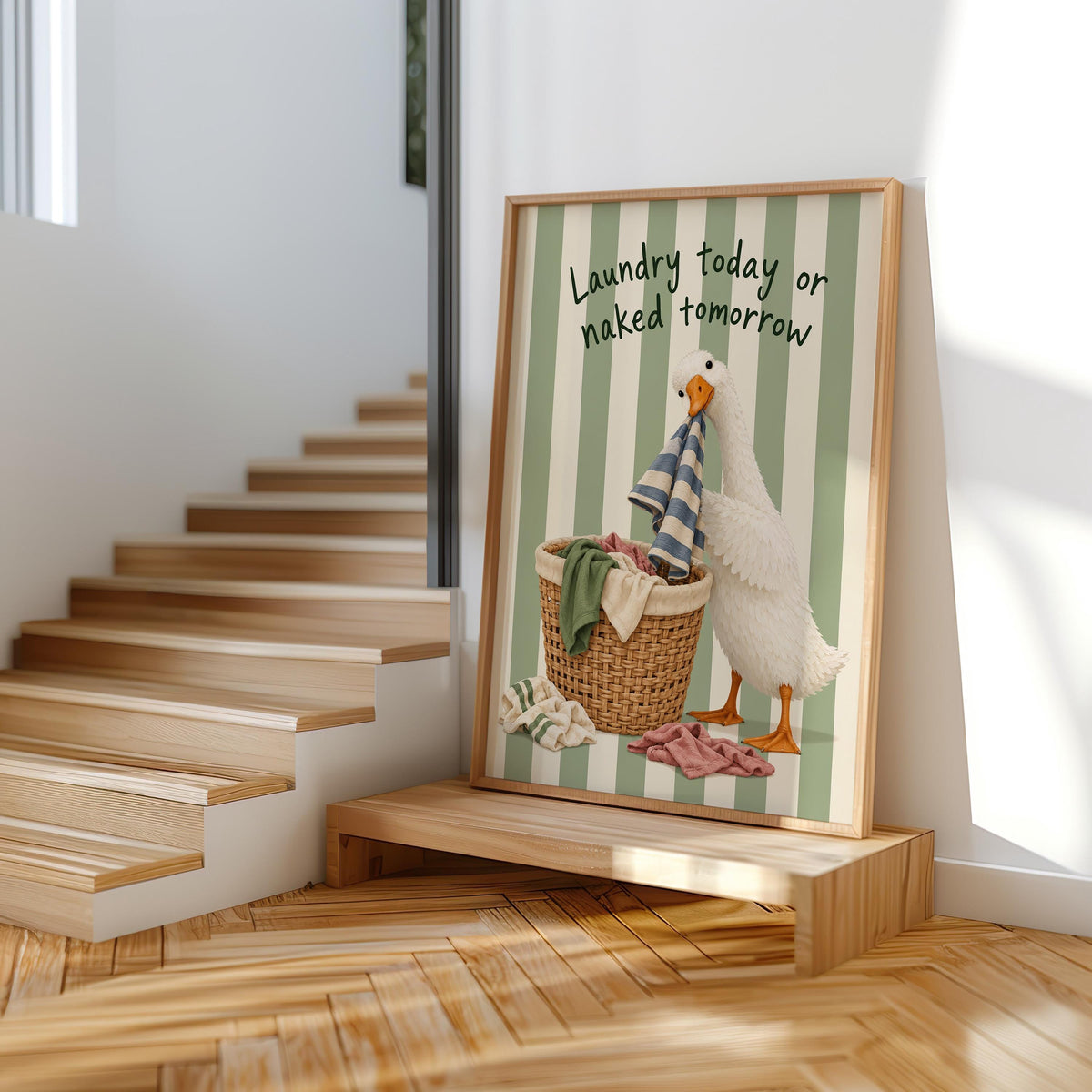 Silly Goose 'Laundry Today or Naked Tomorrow' Print, Funny Laundry Room Wall Art, Retro Quote Poster, Quirky Duck Bathroom Decor