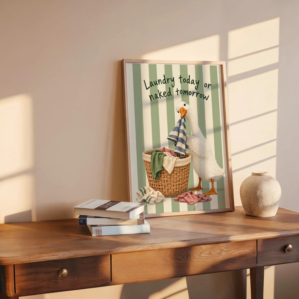 Silly Goose 'Laundry Today or Naked Tomorrow' Print, Funny Laundry Room Wall Art, Retro Quote Poster, Quirky Duck Bathroom Decor