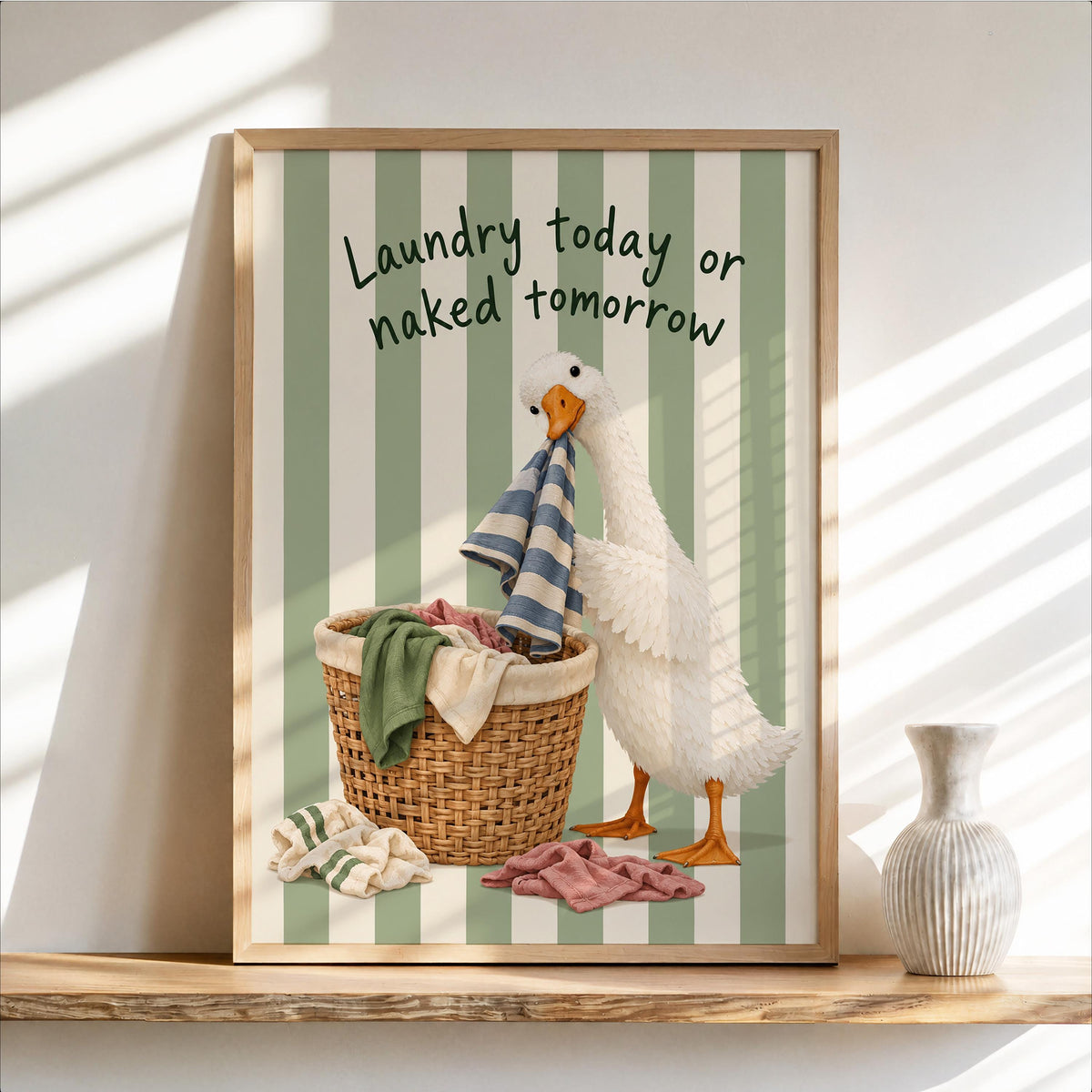 Silly Goose 'Laundry Today or Naked Tomorrow' Print, Funny Laundry Room Wall Art, Retro Quote Poster, Quirky Duck Bathroom Decor