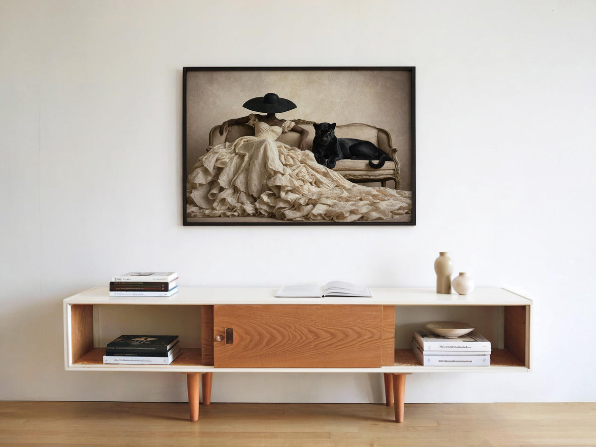 Black Woman & Black Panther Print, Fashion Couture Wall Poster, Surreal Afrocentric Portrait, Vintage Leopard Decor, Luxury Fine Art