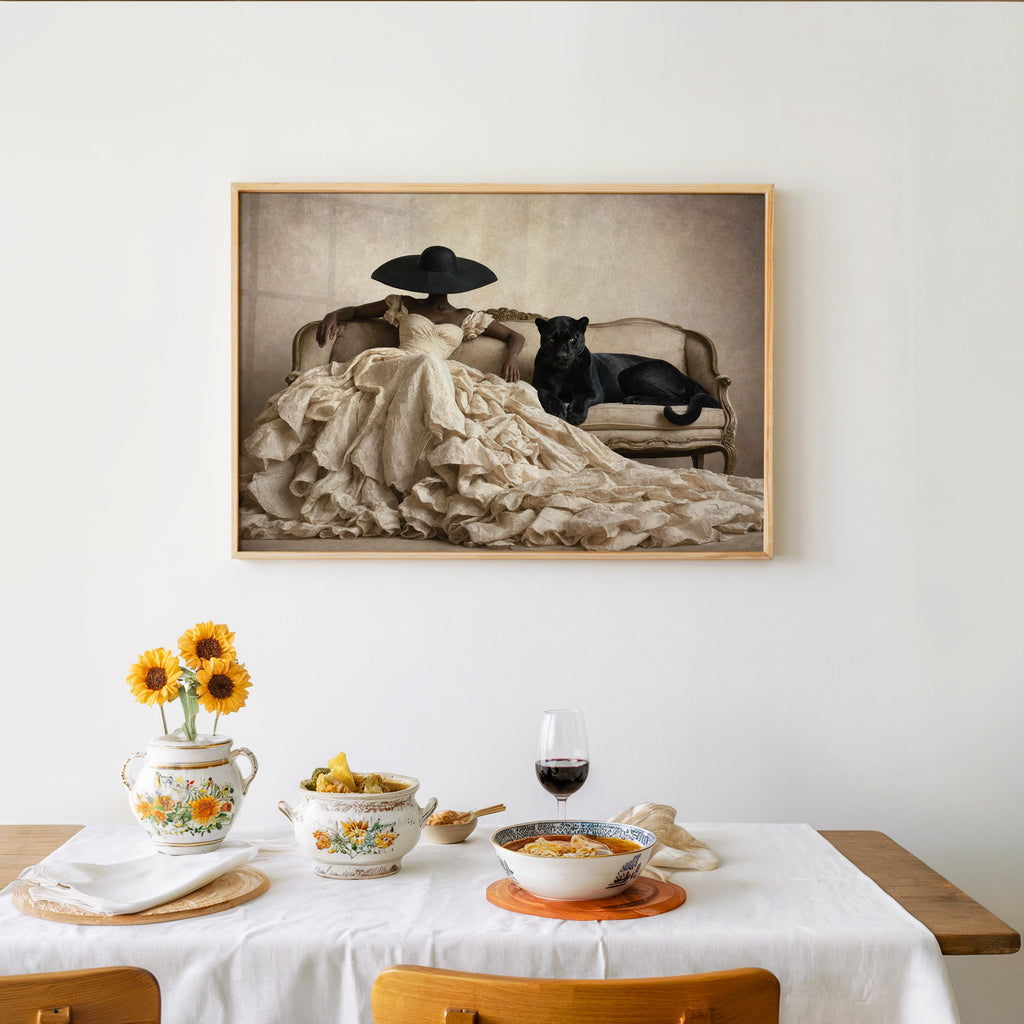 Black Woman & Black Panther Print, Fashion Couture Wall Poster, Surreal Afrocentric Portrait, Vintage Leopard Decor, Luxury Fine Art