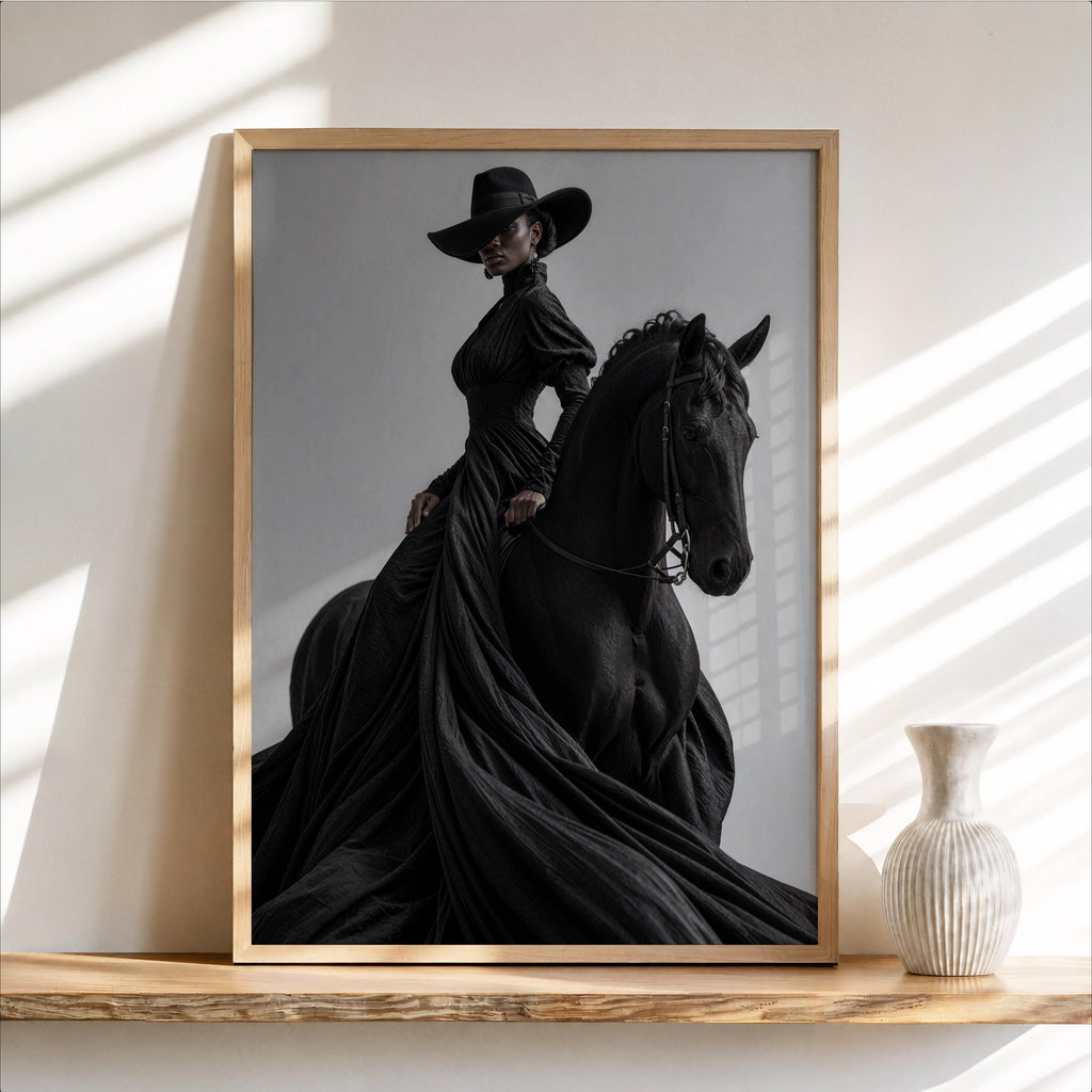 Afrocentric Horse Rider Wall Art, Black Woman Equestrian Fashion Print, Minimalist Girly fine Art, Chic African American Statement Decor
