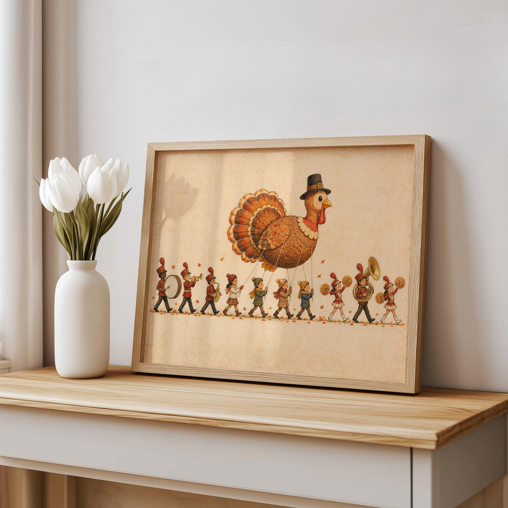 Thanksgiving Turkey Kids Parade Wall Art, Whimsical NYC Marching Band Autumn Poster, Vintage Fall Holiday Print