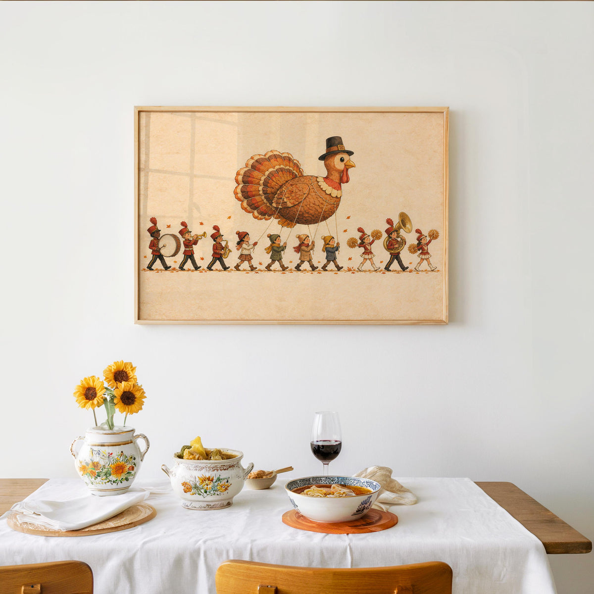 Thanksgiving Turkey Kids Parade Wall Art, Whimsical NYC Marching Band Autumn Poster, Vintage Fall Holiday Print