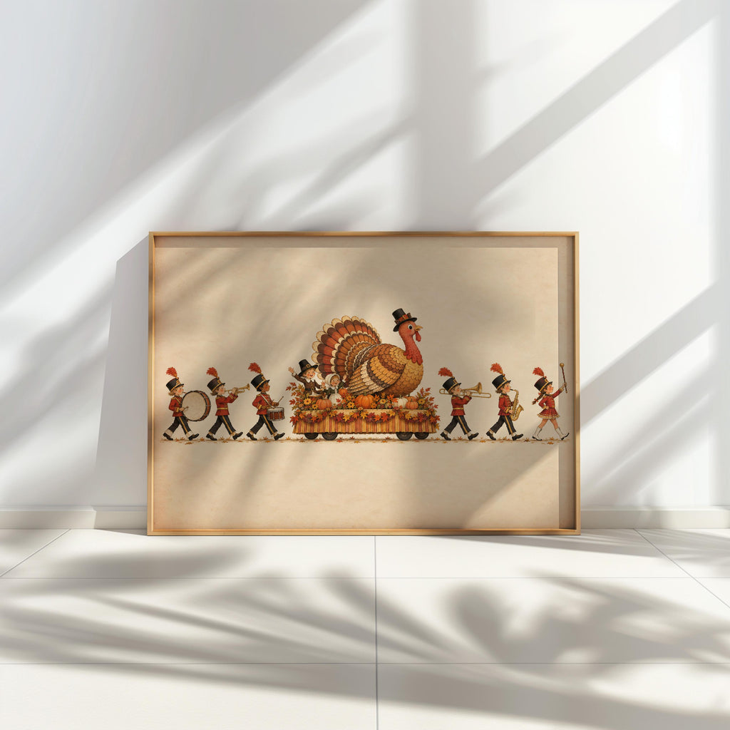 Vintage Thanksgiving Turkey Kids Parade Wall Art, Autumn New York City Float Marching Band Poster, Whimsical Holiday Print