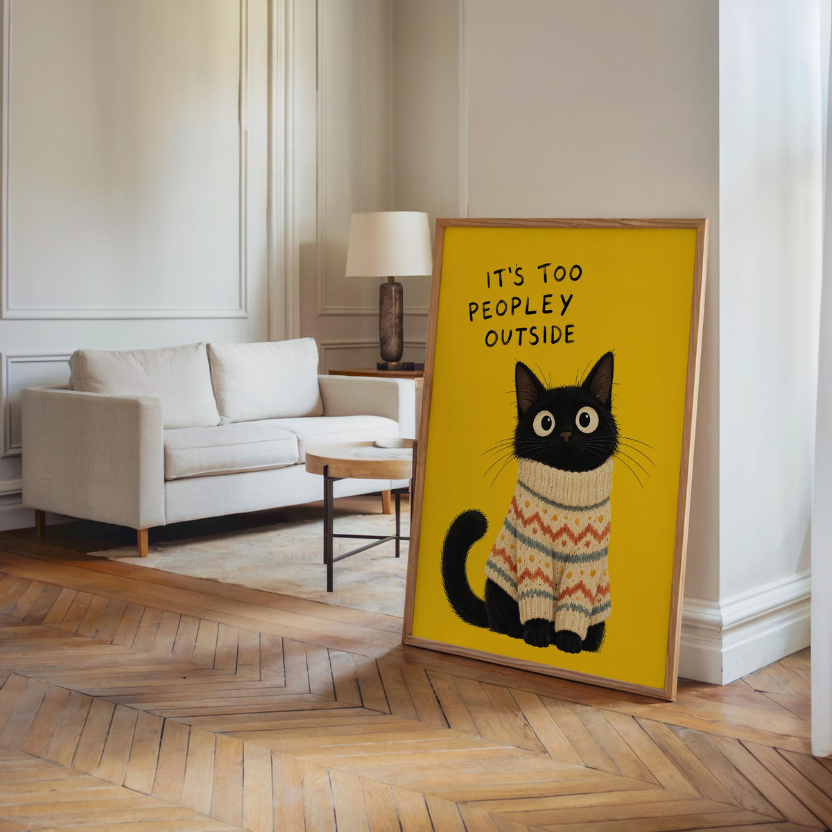 It's Too Peopley Outside Black Cat Wall Art, Funny Introvert Poster, Cozy Cat Print, Quirky Homebody Decor