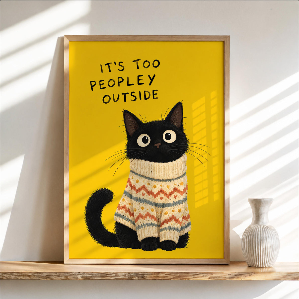 It's Too Peopley Outside Black Cat Wall Art, Funny Introvert Poster, Cozy Cat Print, Quirky Homebody Decor