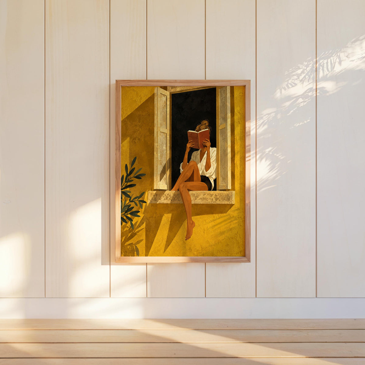 Woman Reading by Window Poster, Vintage Literary Wall Art, Retro Book Lover Print, Gold Yellow Illustration, Reading Nook Bookish Decor