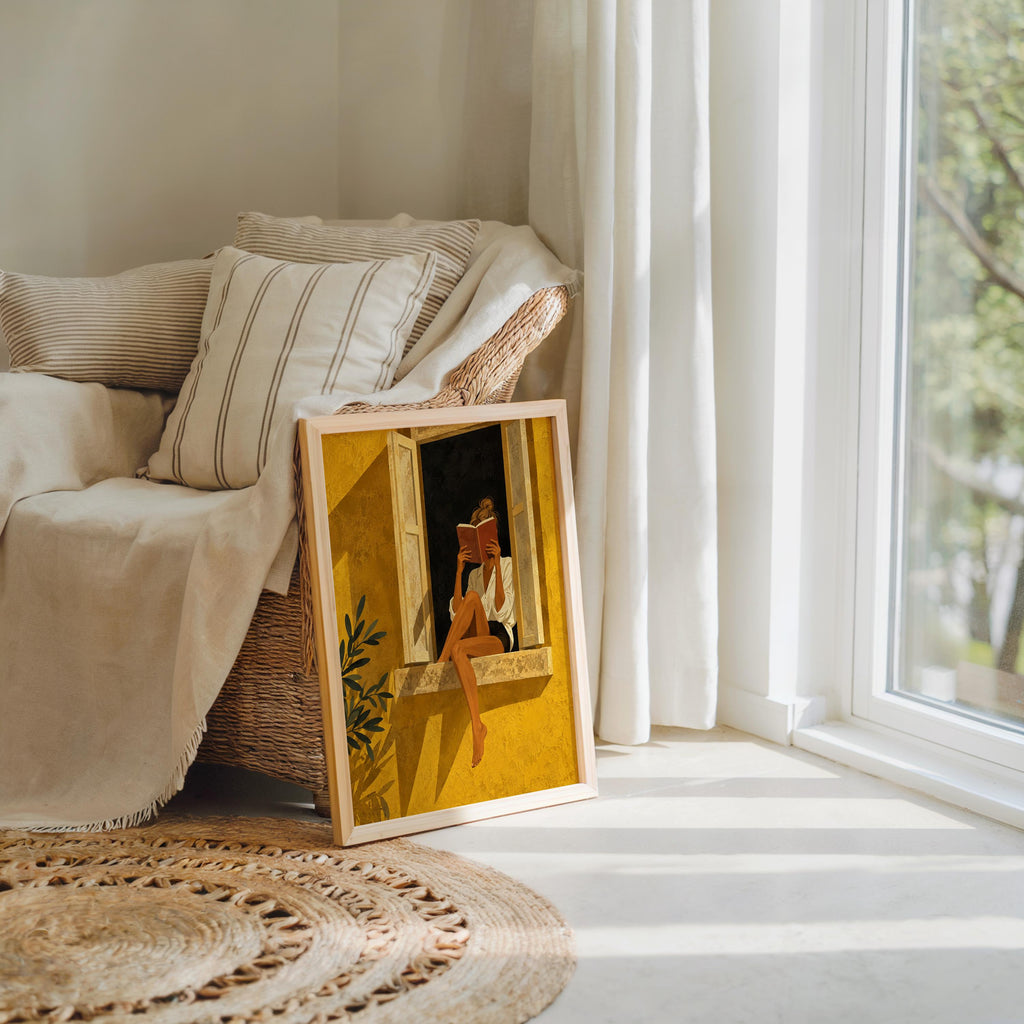 Woman Reading by Window Poster, Vintage Literary Wall Art, Retro Book Lover Print, Gold Yellow Illustration, Reading Nook Bookish Decor