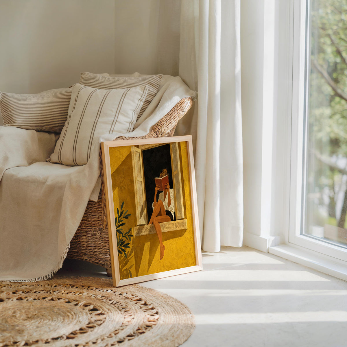 Woman Reading by Window Poster, Vintage Literary Wall Art, Retro Book Lover Print, Gold Yellow Illustration, Reading Nook Bookish Decor