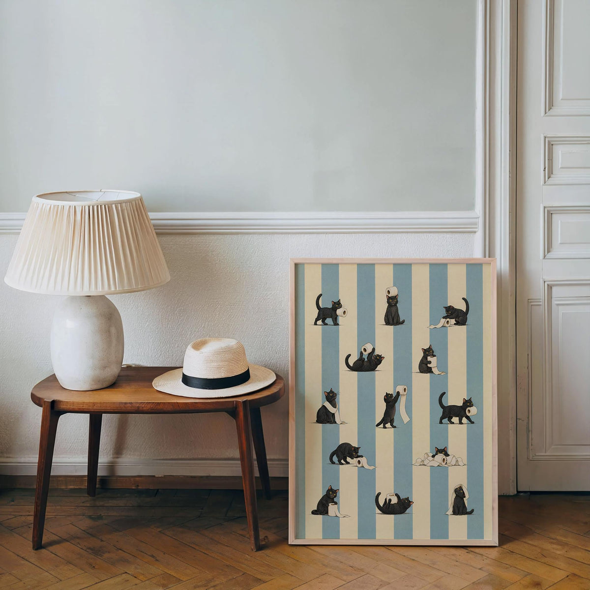 Cat Bathroom Print, Funny Toilet Paper Cats, Vintage Striped Animal Wall Art, Quirky Restroom Decor