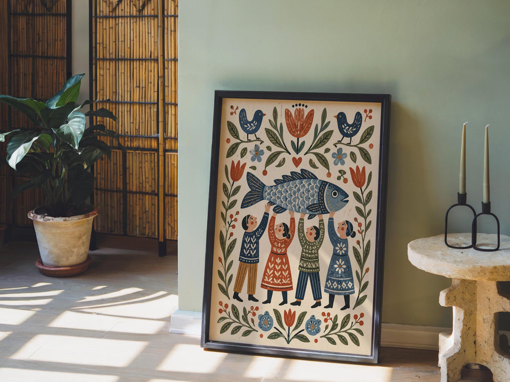 Scandinavian Fish Folk Wall Art, Scandi Inspired Kitchen Accent, Coastal Dining Room Decor, Gift for Seafood Lovers