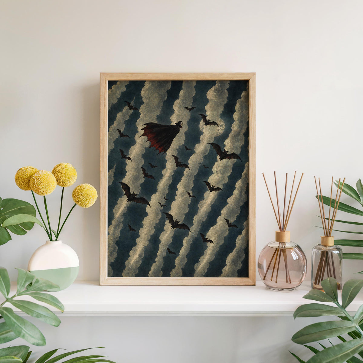 Flying Vampire Halloween Print, Spooky Season Night Poster, Bat Decor, Dark Academia Room Art, Autumn Gothic Wall Decoration
