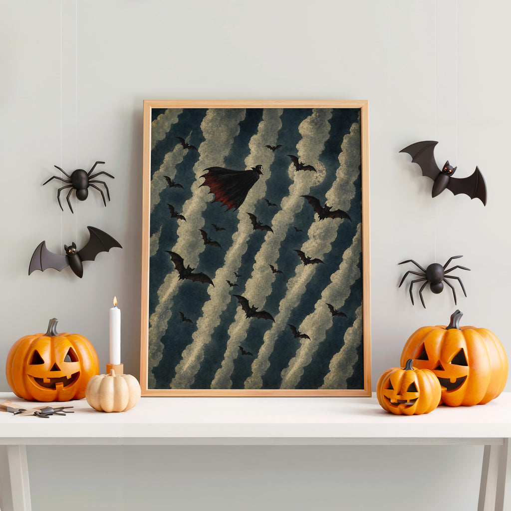 Flying Vampire Halloween Print, Spooky Season Night Poster, Bat Decor, Dark Academia Room Art, Autumn Gothic Wall Decoration