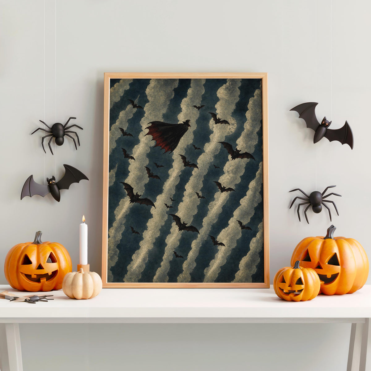 Flying Vampire Halloween Print, Spooky Season Night Poster, Bat Decor, Dark Academia Room Art, Autumn Gothic Wall Decoration