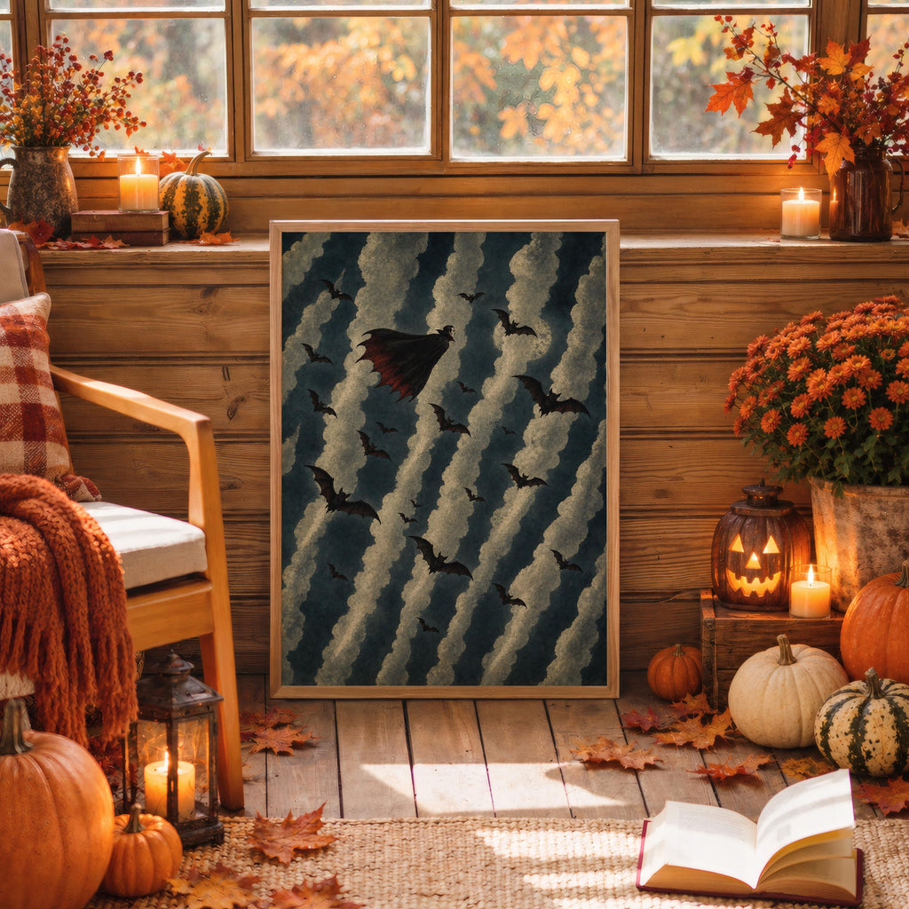 Flying Vampire Halloween Print, Spooky Season Night Poster, Bat Decor, Dark Academia Room Art, Autumn Gothic Wall Decoration