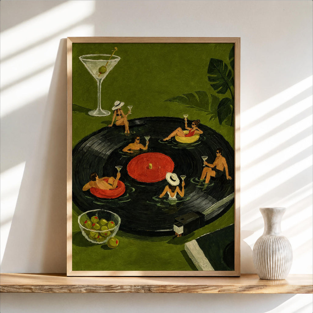 Tiny People on Vinyl Record Wall Art, Martini Cocktail Party Illustration, Record Collector Gift, Stylish Bar Cart Decor, Surreal Poster