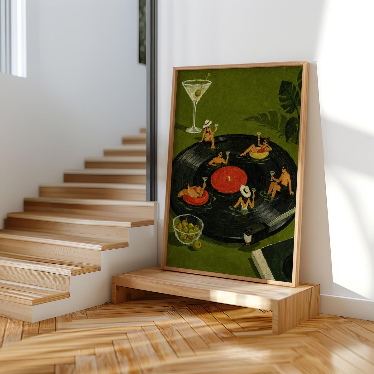 Tiny People on Vinyl Record Wall Art, Martini Cocktail Party Illustration, Record Collector Gift, Stylish Bar Cart Decor, Surreal Poster