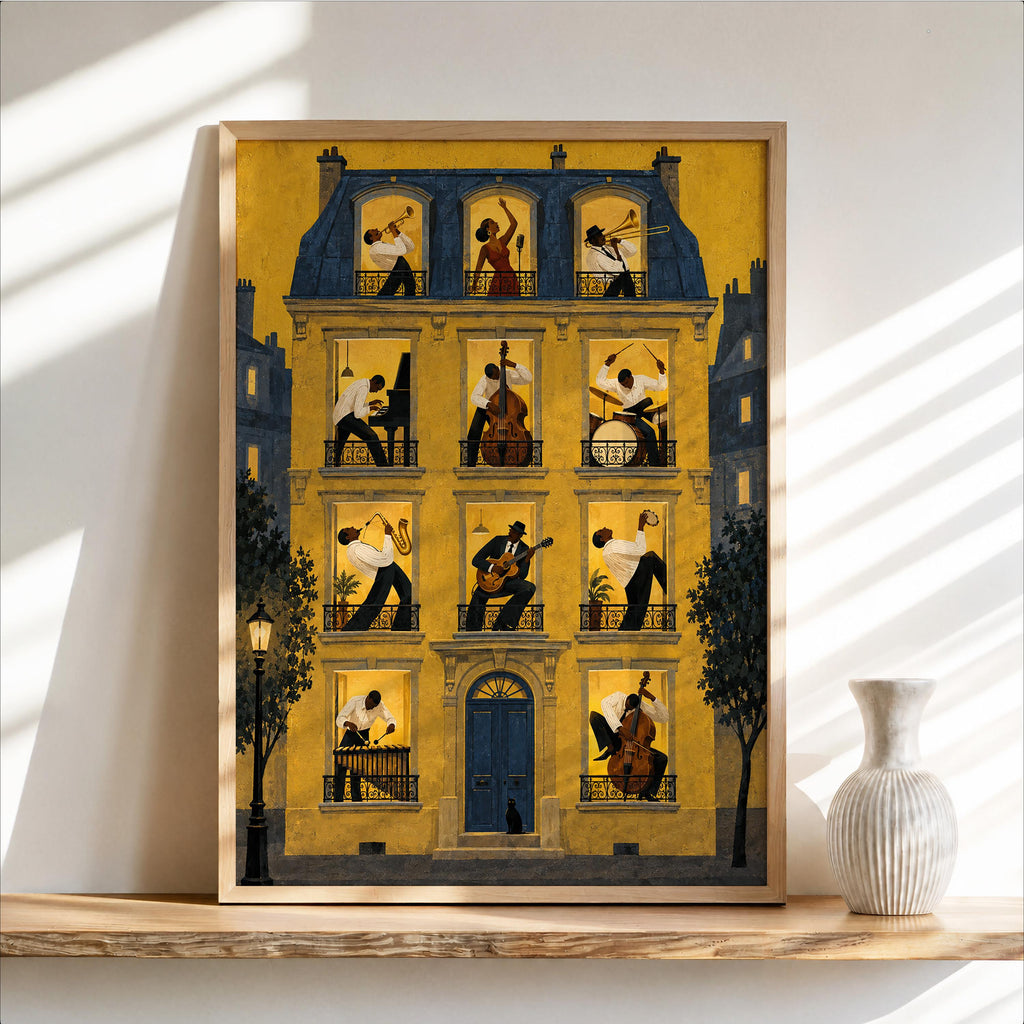Jazz Music House Print, Black Musicians in Windows Wall Art, Afrocentric Soul Decor, French European Street, Trumpet Piano Guitar & Drums