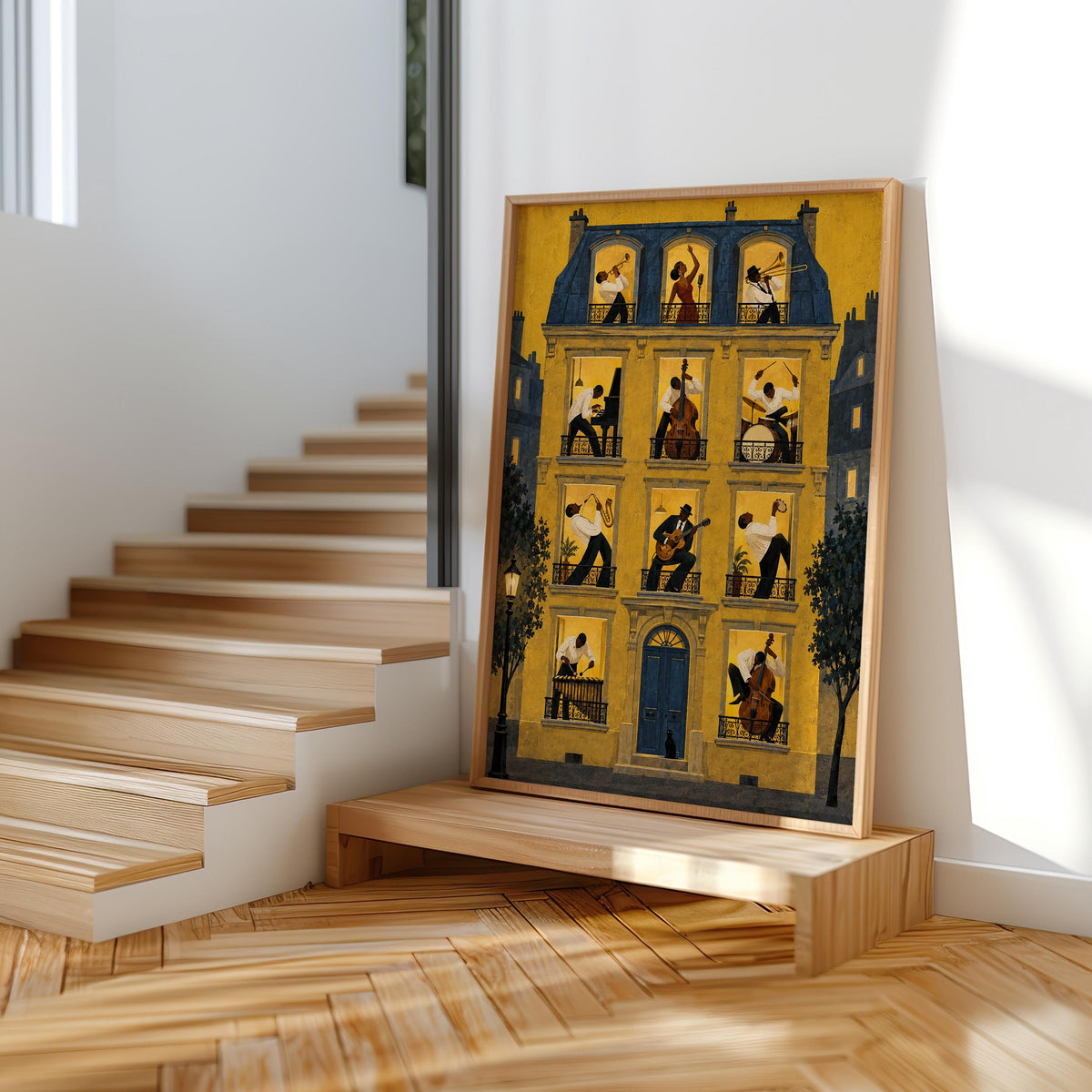 Jazz Music House Print, Black Musicians in Windows Wall Art, Afrocentric Soul Decor, French European Street, Trumpet Piano Guitar & Drums
