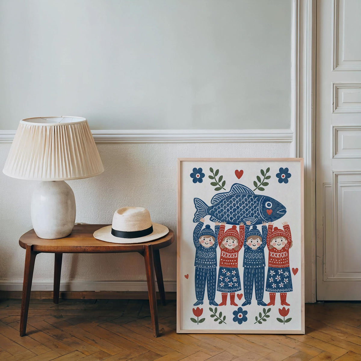 Folk Fish Art Poster, Scandinavian Design, Coastal Kitchen Decor, Nordic Seafood Gift, Blue Ocean Illustration, Scandi Dining Room Print