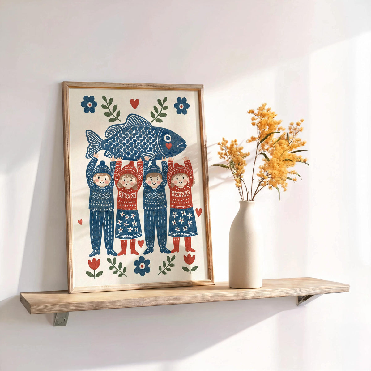 Folk Fish Art Poster, Scandinavian Design, Coastal Kitchen Decor, Nordic Seafood Gift, Blue Ocean Illustration, Scandi Dining Room Print
