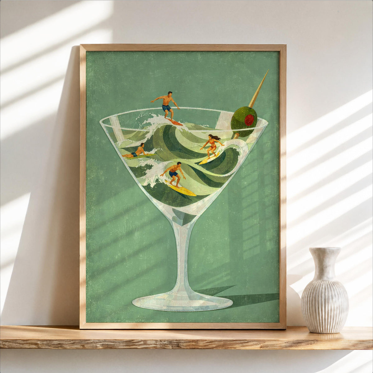 Martini Surfers Print, Tiny People on Cocktail Waves, Retro Bar Decor, Beach Lover Gift, Vibrant Surreal Cin Cin Poster