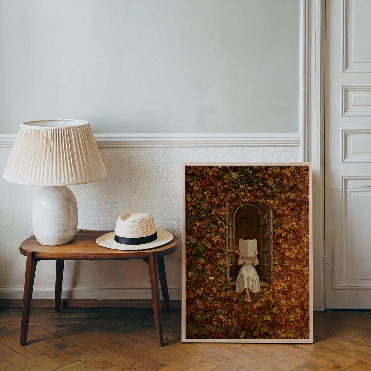Autumn Woman Reading Window Print, Cozy Fall Book Lover Wall Art, Romantic Vintage Bookish Poster, Botanical Home Decor, Reader Gift
