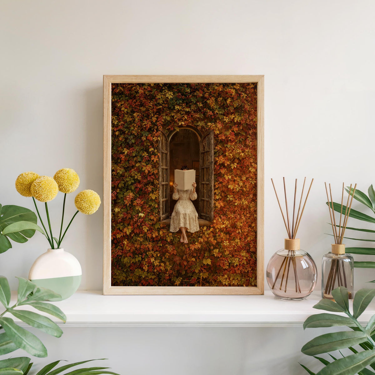 Autumn Woman Reading Window Print, Cozy Fall Book Lover Wall Art, Romantic Vintage Bookish Poster, Botanical Home Decor, Reader Gift