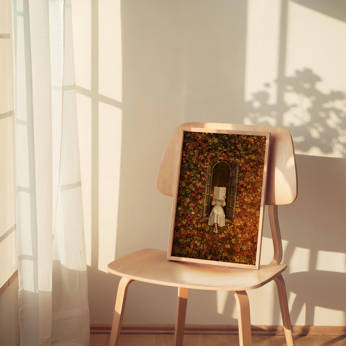 Autumn Woman Reading Window Print, Cozy Fall Book Lover Wall Art, Romantic Vintage Bookish Poster, Botanical Home Decor, Reader Gift