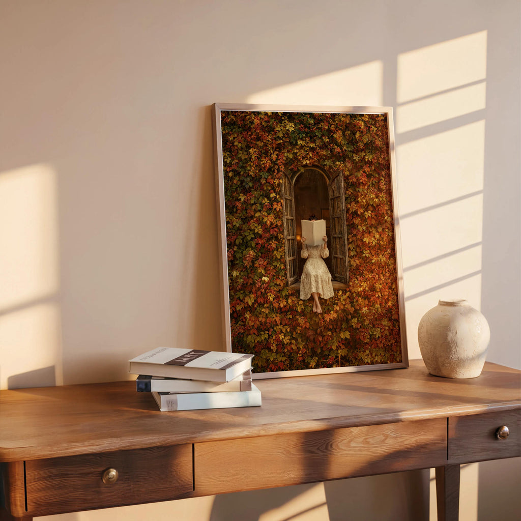 Autumn Woman Reading Window Print, Cozy Fall Book Lover Wall Art, Romantic Vintage Bookish Poster, Botanical Home Decor, Reader Gift