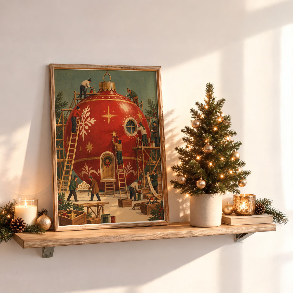 Christmas Bauble Print with Tiny Workers Wall Art, Whimsical Ornament Workshop Print, Vintage European Holiday Illustration Miniature People