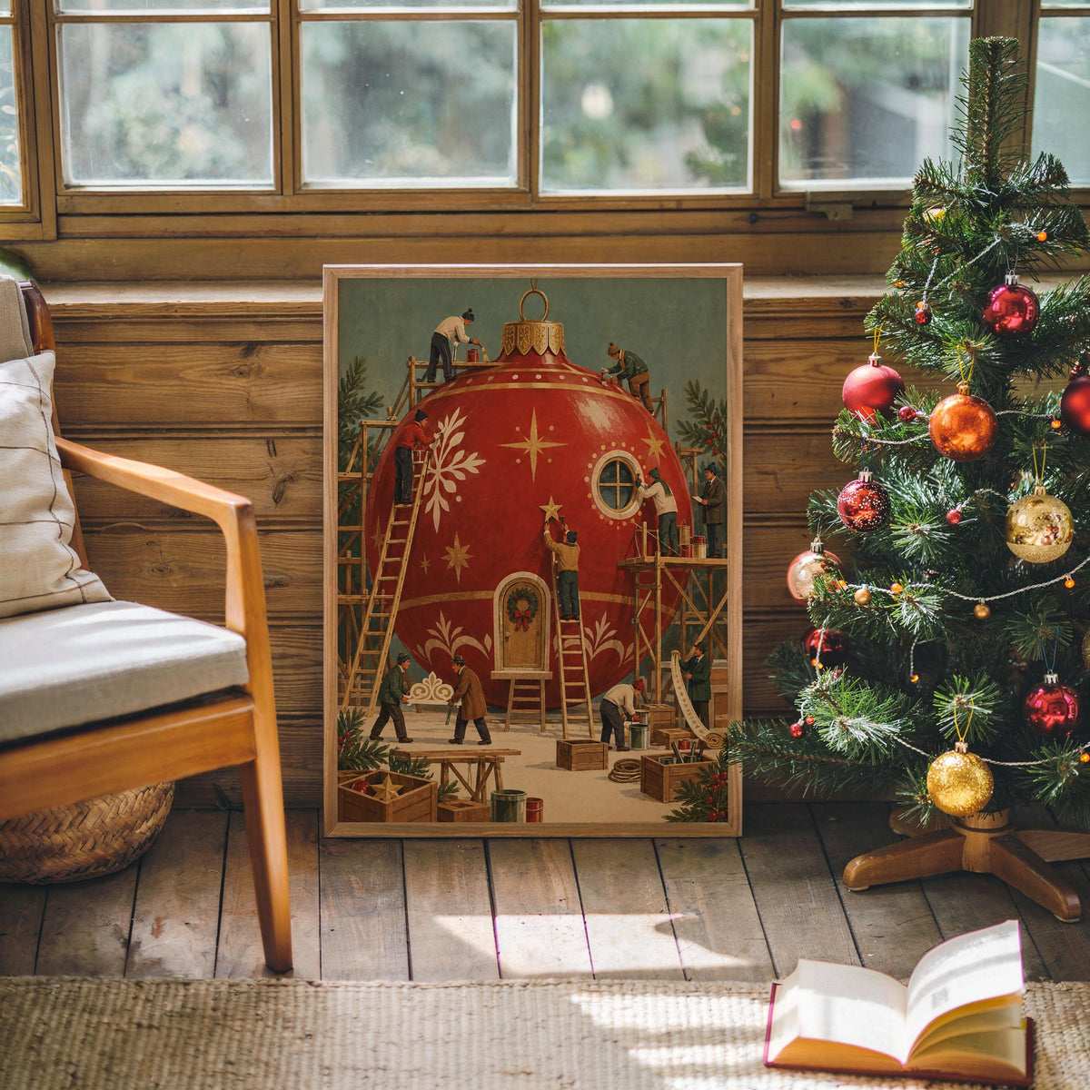 Christmas Bauble Print with Tiny Workers Wall Art, Whimsical Ornament Workshop Print, Vintage European Holiday Illustration Miniature People