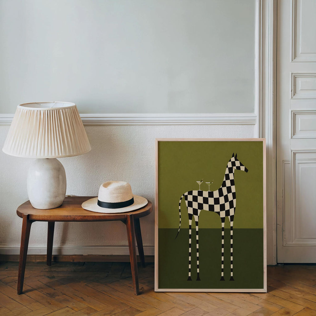 Checkerboard Horse Martini Print, Black and White Equestrian Poster, Cocktail Wall Art, Modern Abstract Decor, Zebra Lover Gift