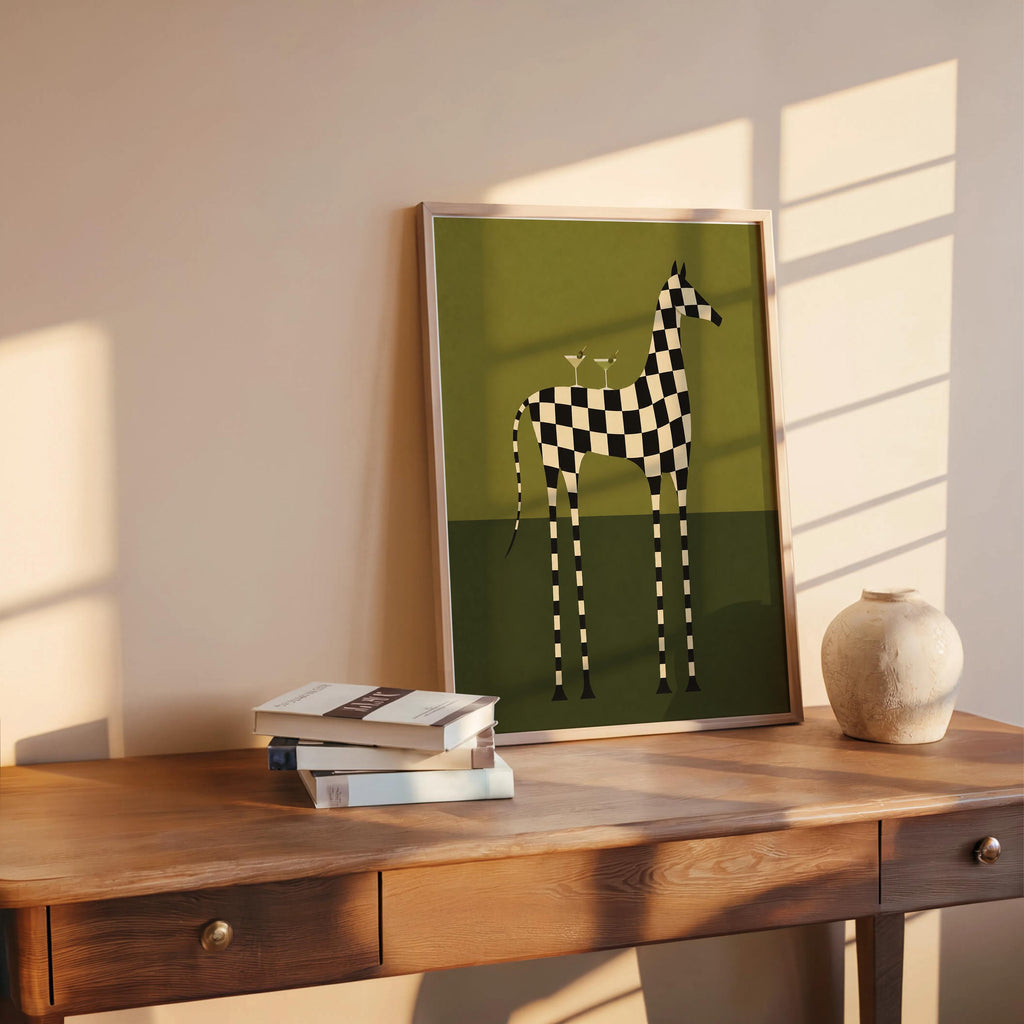 Checkerboard Horse Martini Print, Black and White Equestrian Poster, Cocktail Wall Art, Modern Abstract Decor, Zebra Lover Gift
