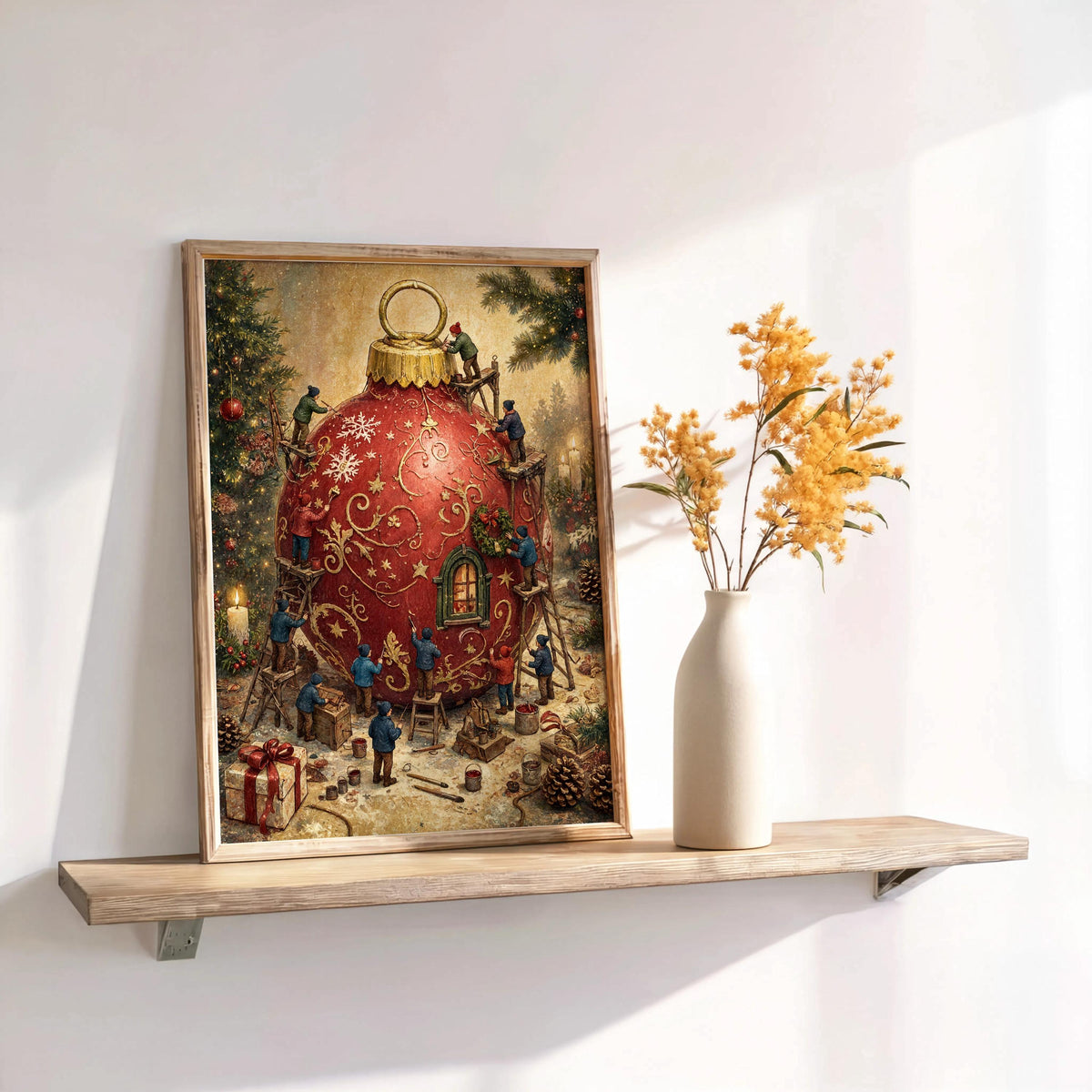 Vintage Christmas wall art on a floating shelf, warm shadows, storybook painted look, gold accents.