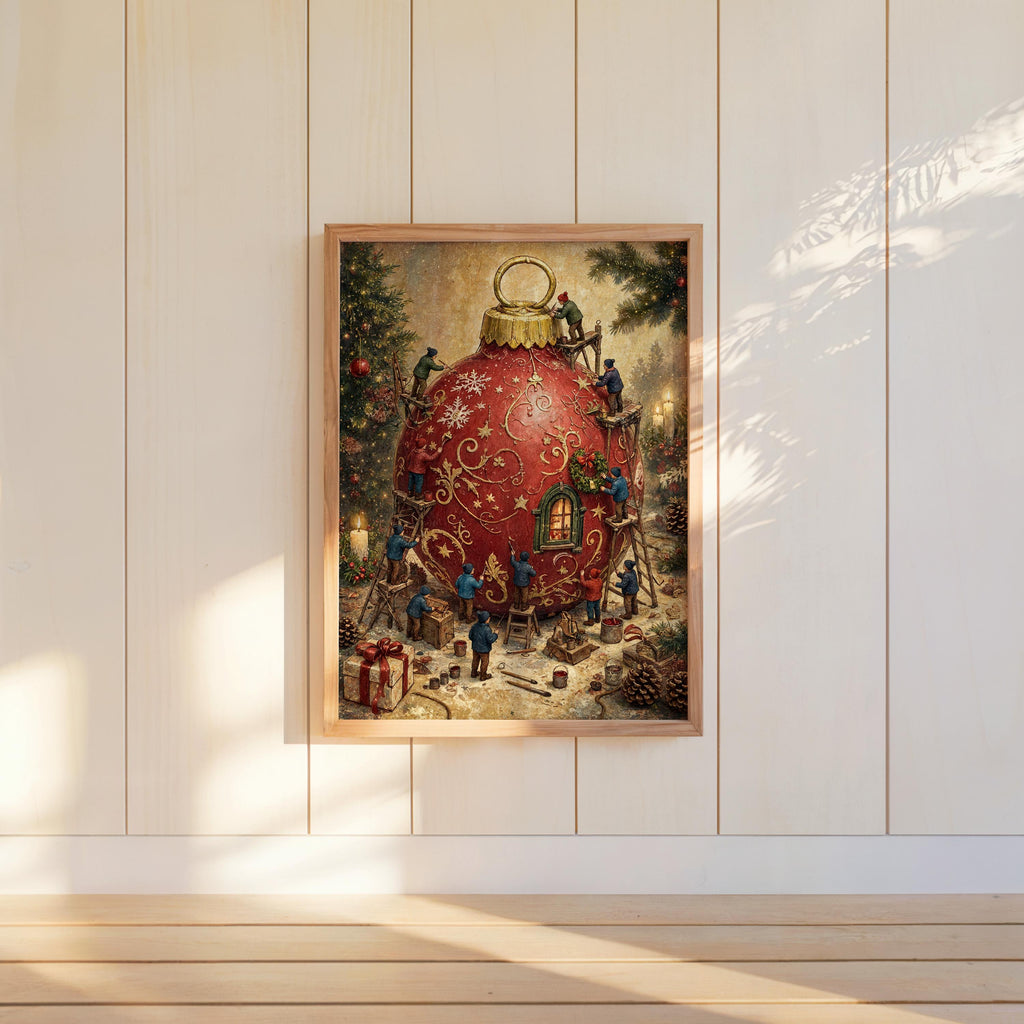 Vertical vintage Christmas wall art hung low on paneled wall, rich red ornament, golden stars, warm light.