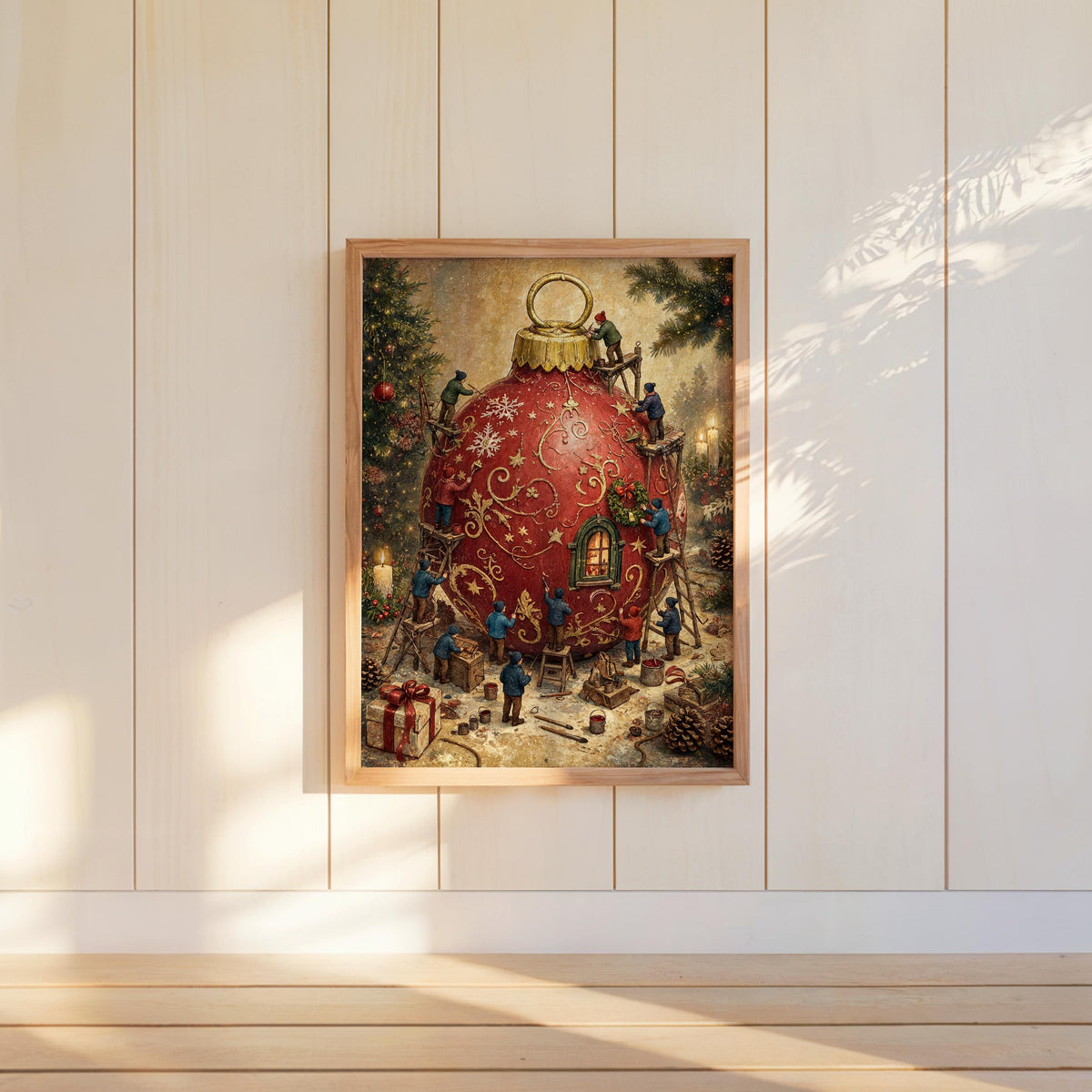 Vertical vintage Christmas wall art hung low on paneled wall, rich red ornament, golden stars, warm light.