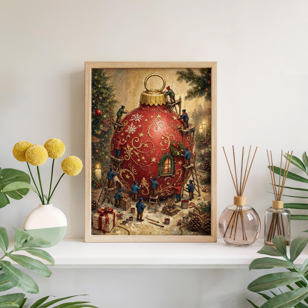 Red Christmas ornament decor framed on white shelf with green plants, warm vintage painted texture.