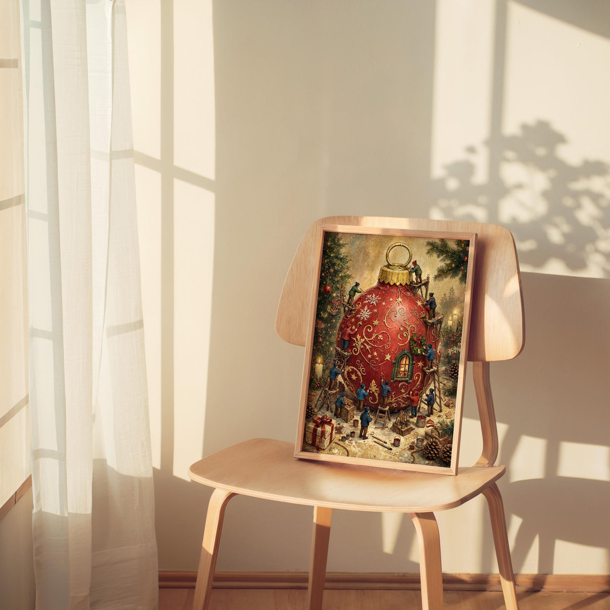 Small Christmas ornament art print sitting on a chair, golden highlights catch morning light, vintage texture.