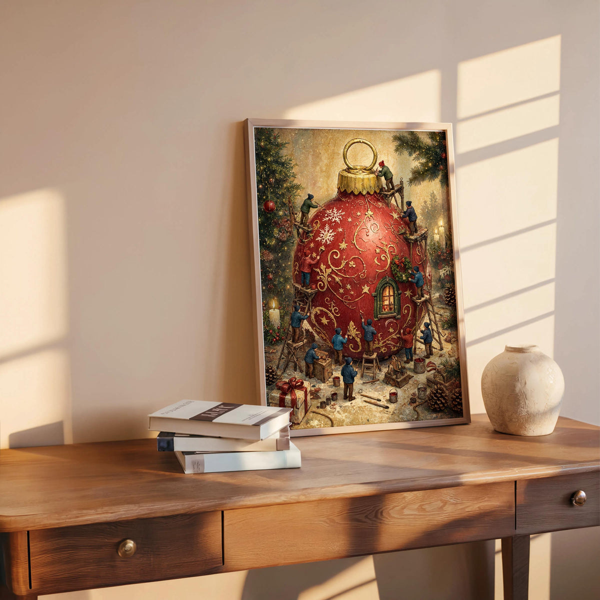 Whimsical Christmas print leaning on a desk with stacked books, detailed miniature figures and snowy ground.