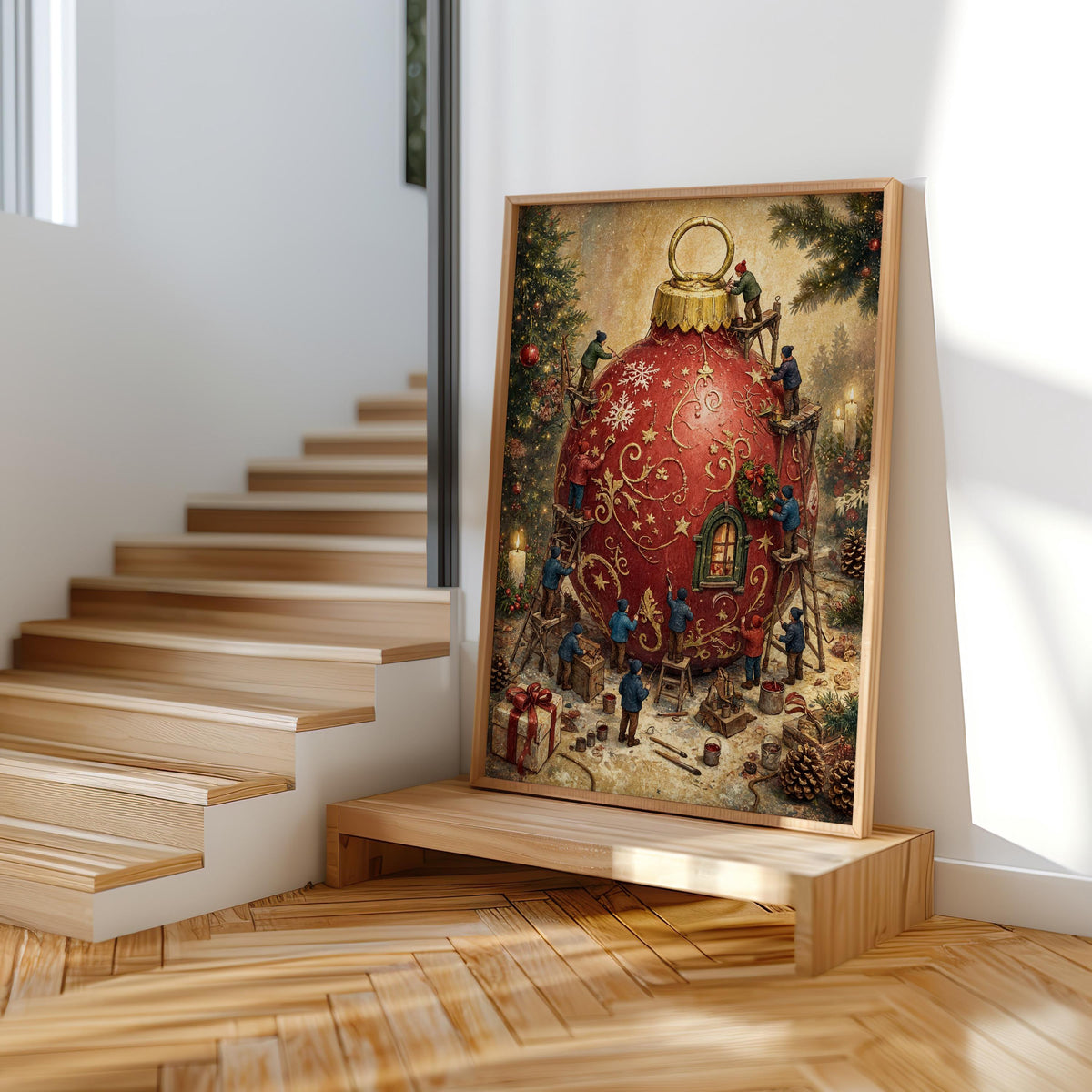Christmas poster placed on wooden stair, tall frame shows tiny workers and ladders on red bauble.