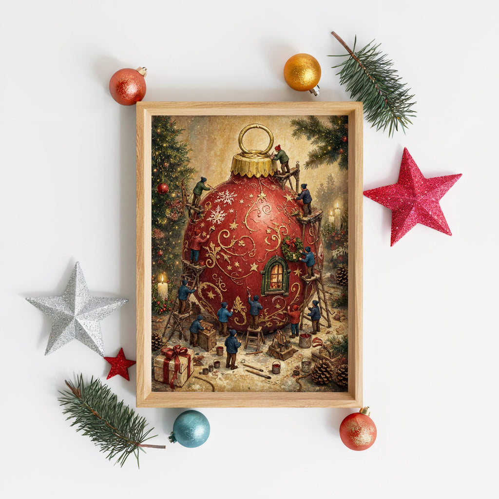 Storybook Christmas art framed and decorated with ornaments, red bauble central, playful miniature workers.