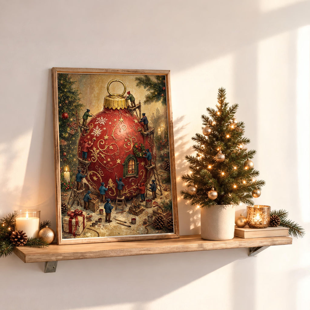 Vintage Christmas ornament art print on a sunlit shelf, red bauble, miniature people, warm tones.