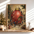 Framed Christmas bauble wall art leaning on a mantel, red ornament, tiny workers, golden accents.
